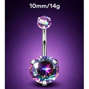 Rainbow CZ Stainless Hypo Curved Barbell 10mm Belly Button Ring + Extra Head 14g